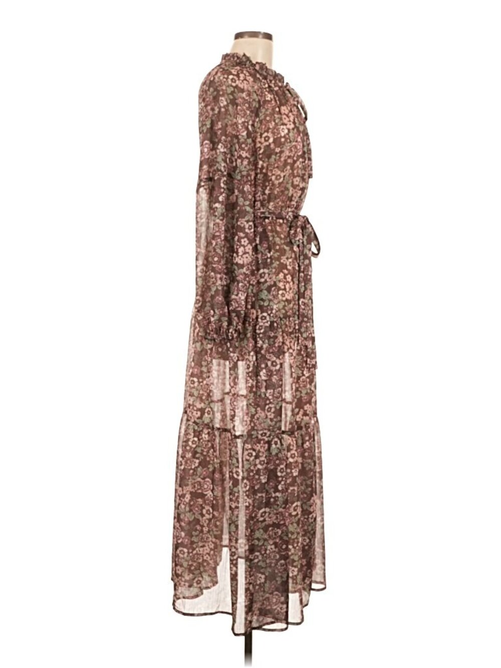 Greylin Floral Tiered Chiffon Midi Dress Split Neck Tie Belt Boho Size M - Picture 5 of 8